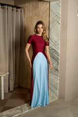 MERLOT AND BABY BLUE VERONICA LONG DRESS