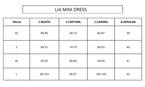 Guía de tallas SEPPIA LIA MINI DRESS